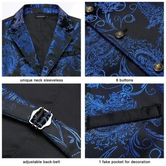 NEW 𝅺MENS Shiny Paisley Suit Vest Waistcoat Blue - Picture 4 of 5
